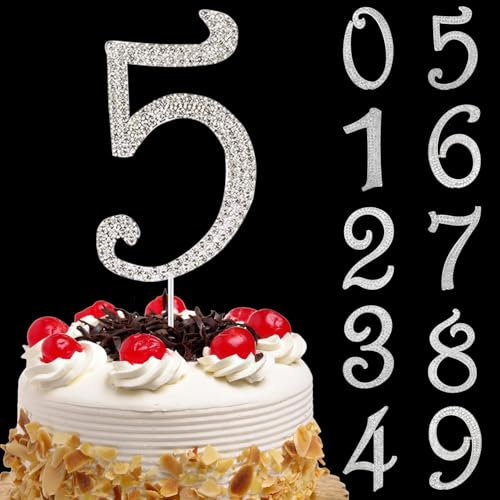 Tortendeko Geburtstag 5 Zahl Strass Glitter Cupcake Topper Zahl, Nummer 5 Cake Topper Zahlen Silber, Kuchendeko Zahl 5 Nummer, Geburtstagstorte Deko, für Geburtstagsfeiern, Babypartys, Hochzeitstag(F)