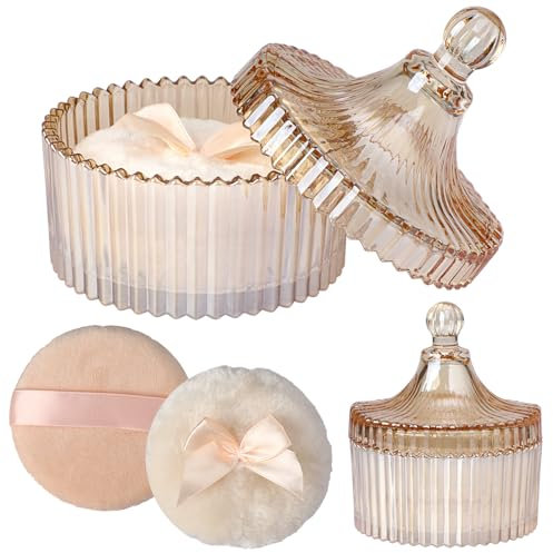 TOLIDA 3pcs Puderdose Set aus Glas,Körperpuderbehälter, Babypuder Dose mit Puderquaste,Puderetui für Körperpuder,Talkumpuder,Kosmetikpuder zu Reise Geburtstag als Geschenk(Kein Pulver) (Bernstein)