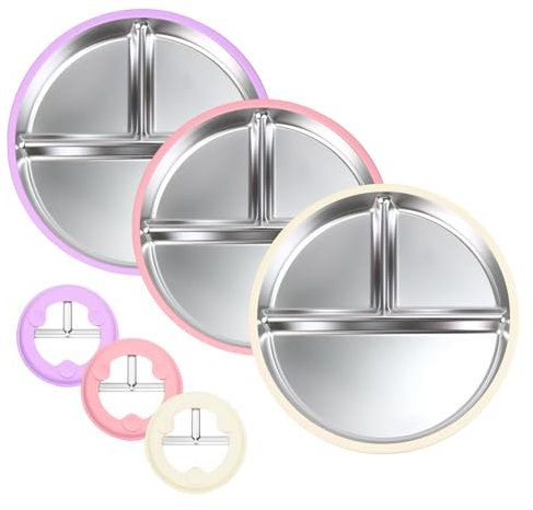 Shimmerz 3 pièces Assiette en Acier Inoxydable pour Tout-Petits avec Ventouse, 9 Assiette partagée avec Manche en Silicone Amovible pour bébé, Non Toxique et sans BPA (Beige Rose Violet)