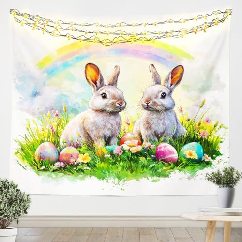Loussiesd Kawaii Kaninchen Wandteppich 130x150cm Bunte Ostereier Wandkunst für Kinder Jungen Mädchen Glückliche Ostern Wandtuch Netter Hase Tapisserie Schöner Regenbogen