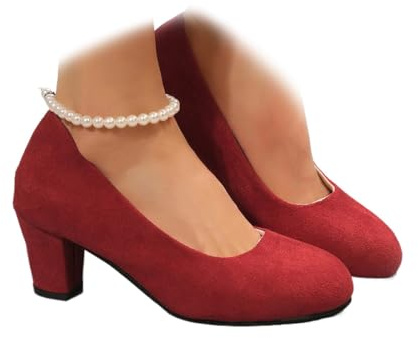 Women's Cross Strap Casual High Heels, Womens Mid Block Heels Mary Jane Ankle Strap Court Shoes Ladies Comfort Support Work Pumps (Red-No Buckle,7)