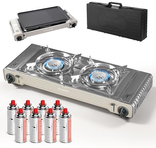Gaskocher 2-flammig, Campingkocher mit Grillplatte, Gasherd mit Tragekoffer & Piezozündung, Doppelgaskocher für Gaskartuschen MSF-1A, Outdoor Campingkocher, 2x2,2 kW Leistung, mit 8 Gaskartuschen 227g
