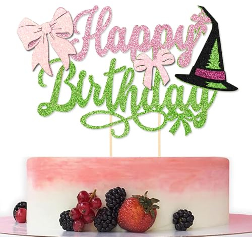 Rosa Grün Hexe Cake Topper – Glitzer Schleife Prinzessin und Hexe Kuchendeko für Halloween Fantasy Geburtstagsfeier