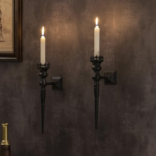 WVOPIAHY Gotischer Wandkerzenhalter, 33 cm Länge, 13 cm Wandabstand, Schwarzes Metall mit Kronendesign, 2er-Set für Stabkerzen