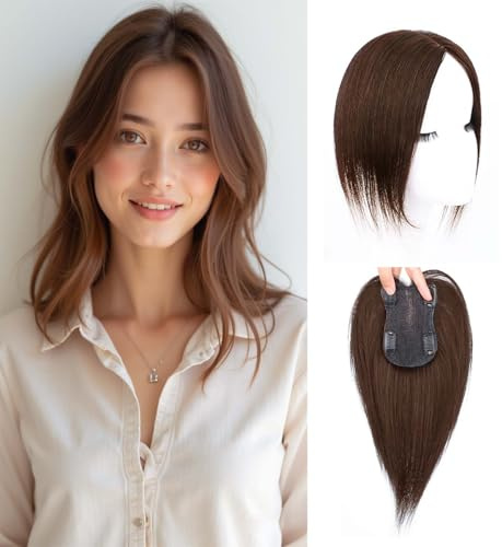 EREE HAIR Echthaar-Topper (30 cm) für Frauen ohne Pony, verbessertes 8 x 12 cm langes Top mit Seidenbasis für dünner werdendes Haar, realistisches Clip-in-Haarteil für den Alltag (mokkabraun)