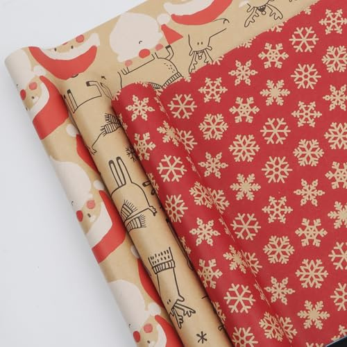Yebo Geschenkpapier, rot, 3 Rollen, 43 cm x 3 m, DIY-Dekoration für Weihnachten, Geburtstag (rotes Weihnachtsmuster)