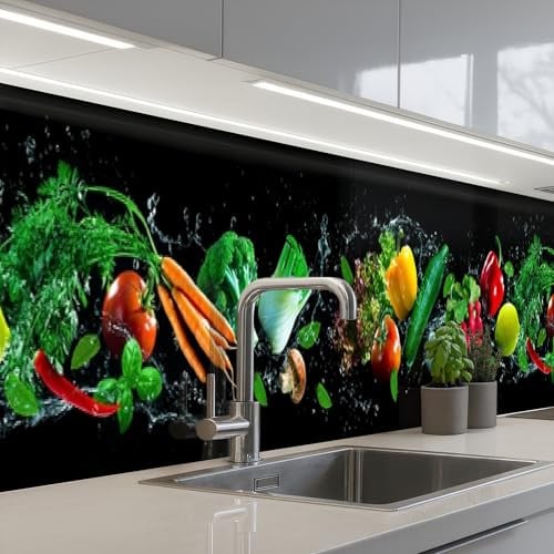 KitchenYeah© Küchenrückwand Selbstklebend Küchenspritzschutz Rückwand | 60x500 cm - Wandschutz Ohne Bohren Spritzschutz Wand Wandverkleidung Gemüse - Spritzer - Schwarz