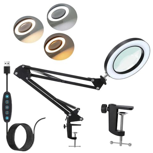 Lupe Mit Licht Und Ständer,Lupenleuchte,Set Led-Lampetischlupe,Schreibtischlampe Mit Drei-Farben-Dimm-Modus,10helligkeitsstufen,Ideal Für Hobbys,Handarbeit,Lesen Und Naharbeiten,Freihändige Tischlampe