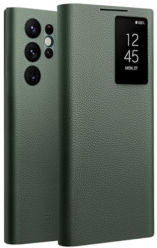 Hondeepest Genuine Leather Smart Case for Samsung Galaxy S23 Ultra Light Phone Cover with Smart View Case for S23 Ultra(Only for S23 Ultra Green)
