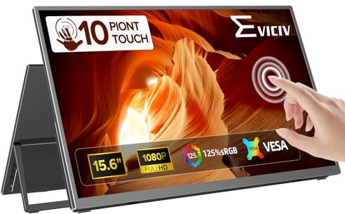 EVICIV 15.6 Touchscreen Portable Monitor, 1080P for Laptop/PC/Game Console | 10-Point Touch, 125% sRGB HDR, 2000:1 Contrast, VESA/Smart Cover, USB-C/Mini HDMI, Eye Care, Plug & Play