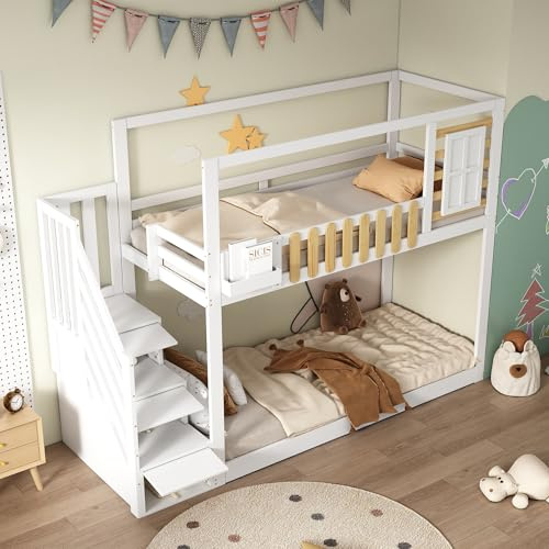 Mrwoo Etagenbett Kinderbett 90x200 cm Einzelbett mit Stauraumtreppe, Hausbett mit Fenster und Regalkasten, Rahmen aus massivem Kiefernholz, Fallschutzgitter, Weiß (Ohne Matratze)