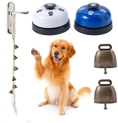 SLSON 5PCS Dog Doorbell Handwoven Adjustable Hanging Rope with 2 Brass Bell and 2 Pet Training Bells, Toilet Training Bells Dog Bell Cat Puppy Interactive Bell