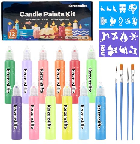 30ml Kerzenstifte Wachsstifte mit Aufkleber, Zeichenpinsel, Wachsstifte für Kerzen, Kerzen Bemalen Set,Kerzenstifte Zum Verzieren, Kerzenfarbe Candle Pen für Dekorieren DIY Gestalten,12 Farben