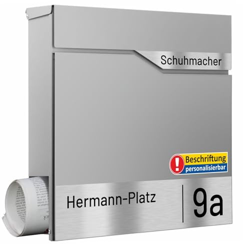 AL Briefkastensysteme Laser-Line 1er Briefkasten personalisiert mit Namen + Hausnummer - Postkasten Aluminiumgrau RAL 9007 modern mit Zeitungsfach Gravur & Absenkautomatik für Wand- & Zaunbriefkasten