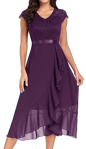 Hochzeitsgast Kleid Damen Festliches Elegantes Chiffon Cocktailkleid Abendkleid mit Kurzarm & Rüschen