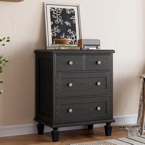 Garvee 4-Schubladen-Kommode fürs Schlafzimmer, Vintage-Kommode mit geschnitzten Griffen und spitzem Bein-Design, Holzkommoden mit großem Stauraum, Dunkelbraun