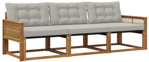 vidaXL Outdoor-Sofagarnitur mit Kissen 3 pcs Natürlich und Hellgrau, Outdoor Sofa, Gartenmöbel, modernes Ecksofa, Terrasse Lounge, komfortable Sitzgelegenheit