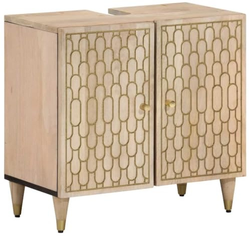 QJBSAVVA Meuble sous Vasque de Salle de Bain Retro en Bois de Manguier Massif avec Motif Sculpte Main et Pieds Stables Armoire de Rangement pour Lavabo Vintage 62x33x58 cm