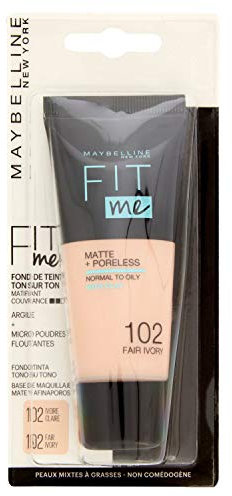Maybelline New-York Fluide Fit Me Matte & Poreless Normale bis fettige Haut, 102 Ivory Hell, 30 ml