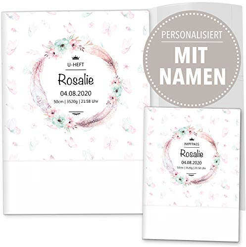 OLGS U-Heft und Impfpasshüllen 3-teiliges Set Eule Schmetterling | Untersuchungsheft Hülle & Impfpasshülle, Geschenkidee personalisierbar mit Namen (U-Heft Set 3-teilig personalisiert, Rosalie)