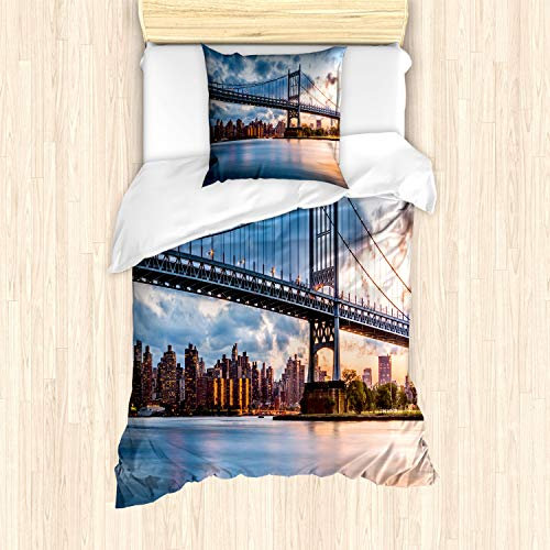 ABAKUHAUS New York City Bettbezug Set, Kennedy Triboro, Milbensicher Allergiker geeignet mit Kissenbezügen, 135 cm x 200 cm - 80 x 80 cm, Orange Pfirsich Blau