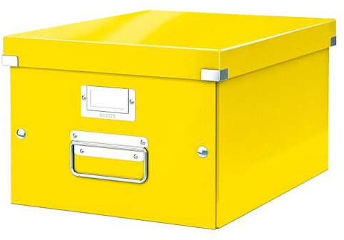 Leitz Click & Store Aufbewahrungsbox mit Deckel Mittel-Groß, Box für Unterlagen bis A4 im Büro u. Haushalt, Transportbox aus 85 % recycelter Premium-Hartpappe, Stabile Metallgriffe, Gelb, 60440016