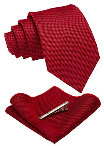 JEMYGINS Krawatte Herren Klassische Baumwoll Karierte Mehrfarbige rot Inklusive Einstecktuch Krawattenklammer Set