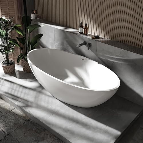 Baignoire îlot en pierre solide (Solid Surface) RIO STONE - 180 x 85 cm - Couleur:Blanc brillant, Sans robinet mitigeur, Sans siphon