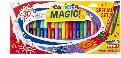 Carioca Rotuladores mágicos | Caja de 30 Rotuladores Mágicos | Rotulador Magink incluido en el Pack que Permite Conseguir Dos Colores o Borrarlos | Punta Maxi Ø 6 mm | 30 piezas