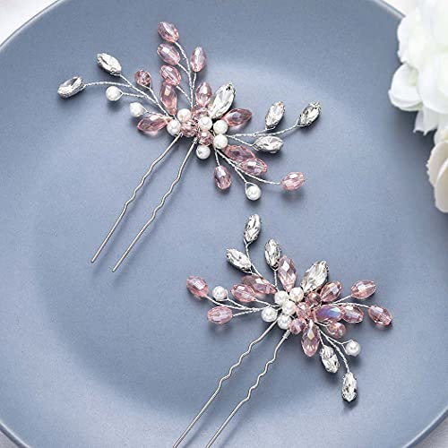 Unicra Épingles À Cheveux De Mariage De Mariée Argent Cristal Casque Rose Strass Accessoires De Cheveux De Mariée Pour Femmes Et Filles (2 Pièces)