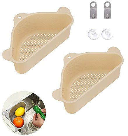 Koomuao Spülbecken Organizer 2 Stück Dreieckiger Filterkorb für Spülbecken- Seiher Sieb Set,Waschbecken Filterablage Abflusskorb Lagerregal für Gemüse/Obst Küche Sieb Teesieb (Beige)