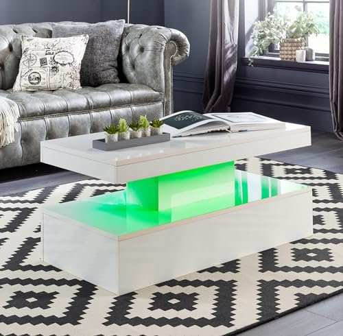 MMT Furniture Designs Ltd Table basse blanche avec lumières LED pour salon moderne, design à deux étagères, 100 cm x 50 cm x 39 cm alimenté par piles