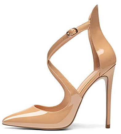 EDEFS Donna Décolleté a Punta Sfilata a Spillo, Elegante Scarpe con Caviglia Incrociato Strappy da Sera, Vernice Beige Taglia EU44
