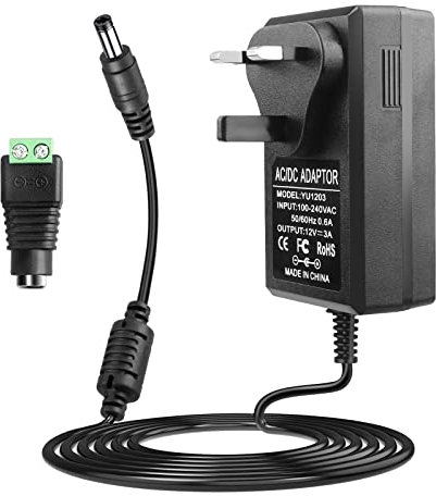 LeTaoXing AC to DC 12V 3A Power Supply Adapter, 100V-240V, 3000mA, 36W, Switching, Black, Modern Style, Barrel Connector, Compatible with 12V Devices