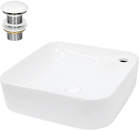 ECD Germany Lavabo Cerámico Blanco Cuadrado Ø 435 x 125 mm para Baño con Agujero de Conexión Estandar Lavamanos Sobre Encimera Diseño Asimétrico Moderno Fregadero con Juego de Desagüe Pila con Drenaje
