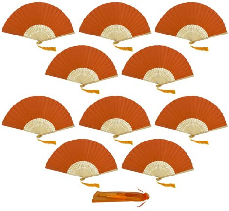 Pack of 10 Paper Handheld Folding Fan with a Tassel and Grade A Bamboo Ribs for Women Girls Summer Party Favour Birthday Wedding Gift (Orange)
