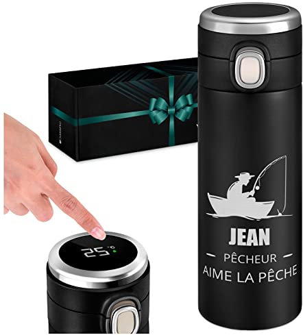 Maverton Gourde Isotherme Personnalisable - Mug hermétique 400ml avec gravure - Cadeau Homme - pour café - thé - Bouteille Isotherme avec afficheur LED - Cadeau Anniversaire Homme - pecheur