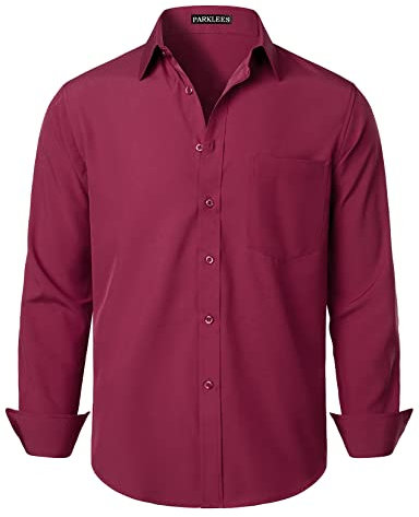 PARKLEES Chemise habillée à manches longues pour homme - Coupe classique - Sans plis - Style décontracté - Avec poche, bordeaux, L