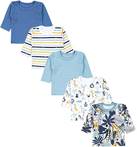 TupTam Baby Jungen Langarmshirt 5er Set, Farbe: Koala Safari Streifen Mintgrün Orange Blau, Größe: 92