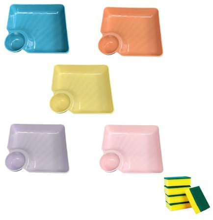 HSNAXingLife 5 Stücke Quadratischer Knödelteller,Teller mit Saucenfach,Pommes Platte,Sushi Platte,Wiederverwendbare Plastikteller (Gemischte Farbe)