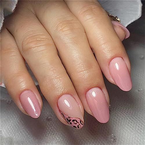 24pcs Leopard print Fake Nail Pink Gradient Short Almond Press on Nails for Women and Girls Nail Art Manicure Decoratio