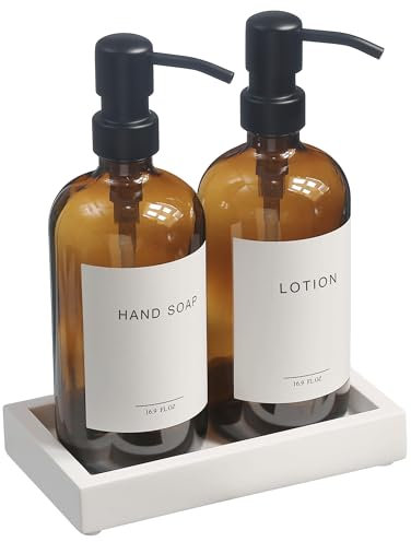 Glass Soap Dispenser with Pump and Concrete Tray | Vintage Soap Dispenser Bathroom and Kitchen Set with Dish Soap, Hand Soap, Lotion Waterproof Labels ((Amber Bottles/White Tary))