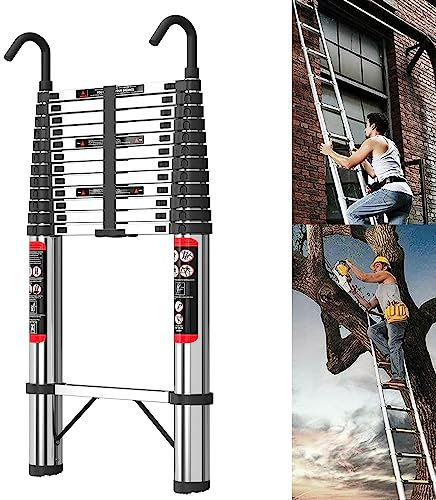 5M Telescopic Extension Ladder with Detachable Hooks, Portable Extendable Folding Ladder for Home Indoor Outdoor DIY Projects, 330lbs Max Load, Stainless Steel