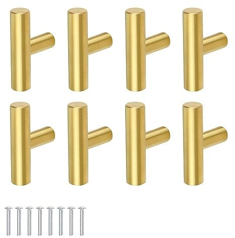JANDH Schrankknopf Gold, 8 Stück T-Form Stangengriff, Schubladenknopf, Möbelknopf, Edelstahlmaterial, Geeignet für Schubladen, Möbel, Schränke, Kleiderschränke