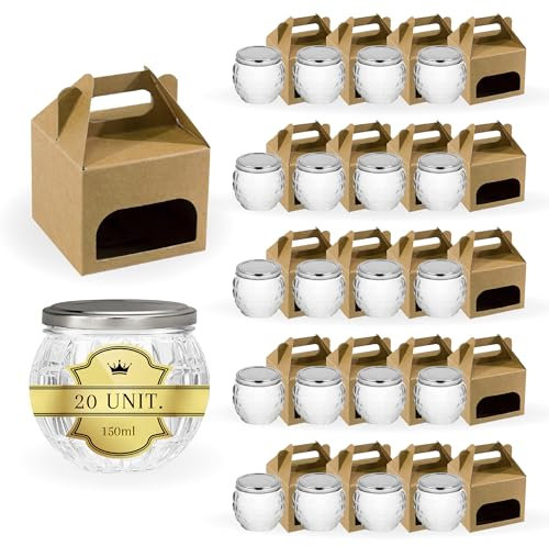 Espirito Rebelde 20 Pots en Verre Format Grenade 150 ml avec Couvercle Argenté + Boîtes | Idéaux pour Confitures, Conserves, Miel | Verre à Cocktail