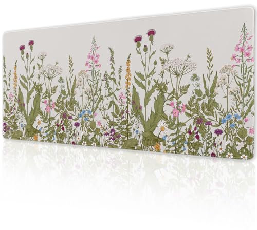 Botanical Cute Flowers Gaming Mouse Pad XL 31.5×11.8 in Aesthetic Wildflowers Pink Floral Sage Green Plants Herbs Extended Desk Mat 30X80cm with Non-Slip Rubber Base Stitched Edge for Office Home