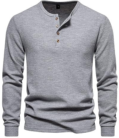 MakingDa Henley T Shirt Mens Long Sleeve Slim Fit Waffle Grandad Collar 4 Button Jumper Tops Smart Casual Collarless Shirts-Grey-M