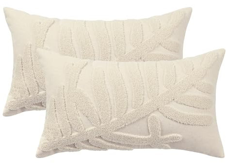 Tosleo 2er Set Kissenbezüge Blatt Stickerei 30x50cm Blume Garten Baumwolle Dekorative Beige Büschel Kissenhülle Zierkissenbezüge für Sofa Schlafzimmer Wohnzimmer Sofakissen Couchkissen