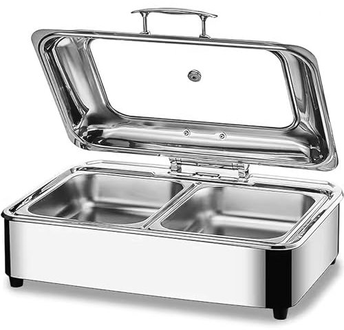 Chafing Dish Elektrisch, 9L Edelstahl Speisewärmer Buffetwärmer mit Sichtbarem Glasdeckel, Kommerziell Wärmebehälter für Essen - Einstellbarer Temperatur, Beste Wahl für Buffets und Partys(Size: