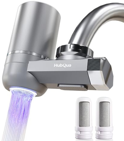 HubQua EcoUV - Filtre à Eau pour Robinet avec Technologie UV Brevetée Autogénérée, 2 Cartouches Double Action (Céramique + Fibre de Carbone) Incluses, limine Chlore, Calcaire, Bactéries et Impuretés